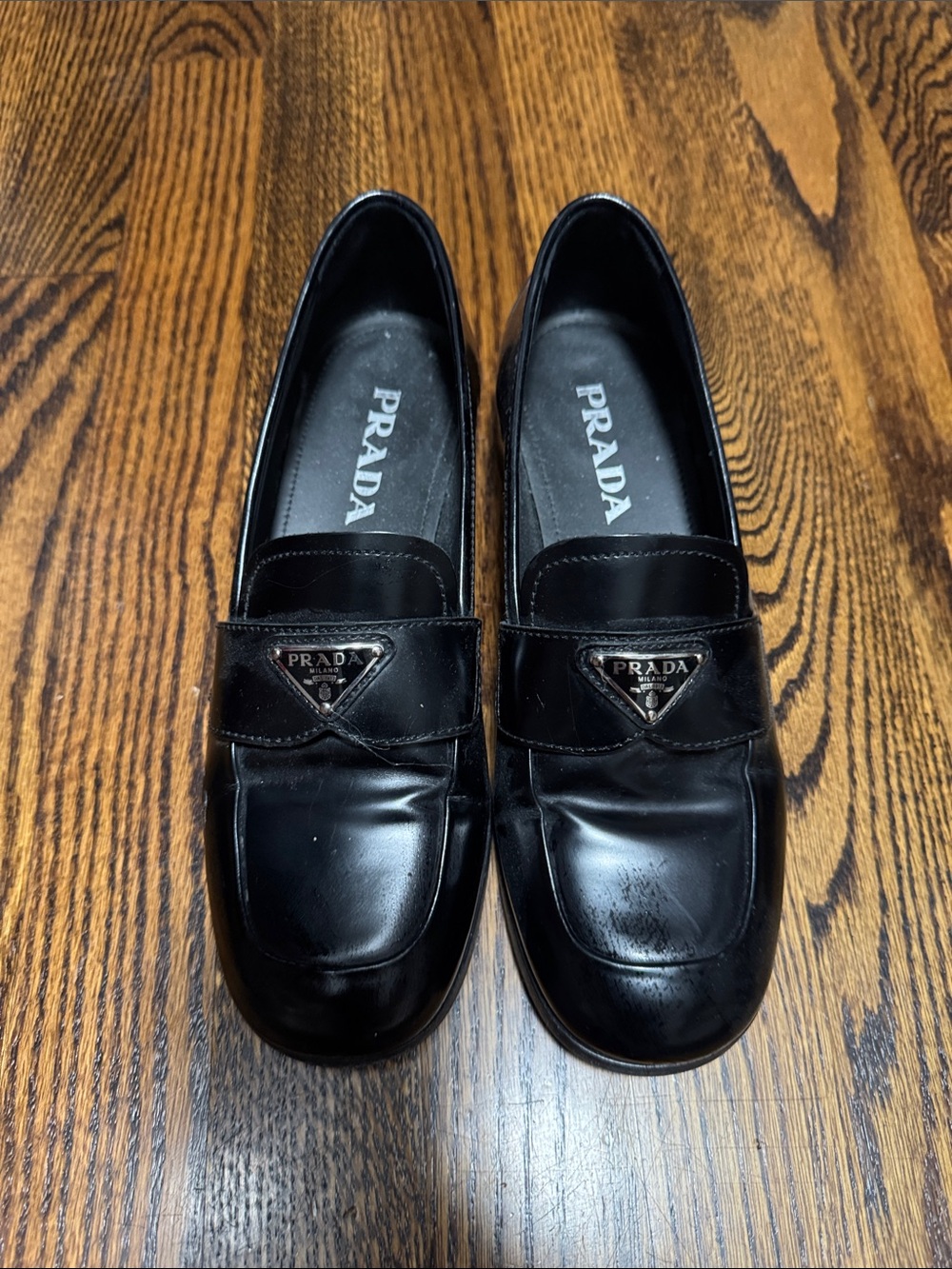 Prada Black Patent Leather Logo Penny Loafers